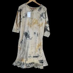 Agha Noor NWT Silk Chiffon Cream/Tan/Grey Beaded Lace Trim Dress Sz S